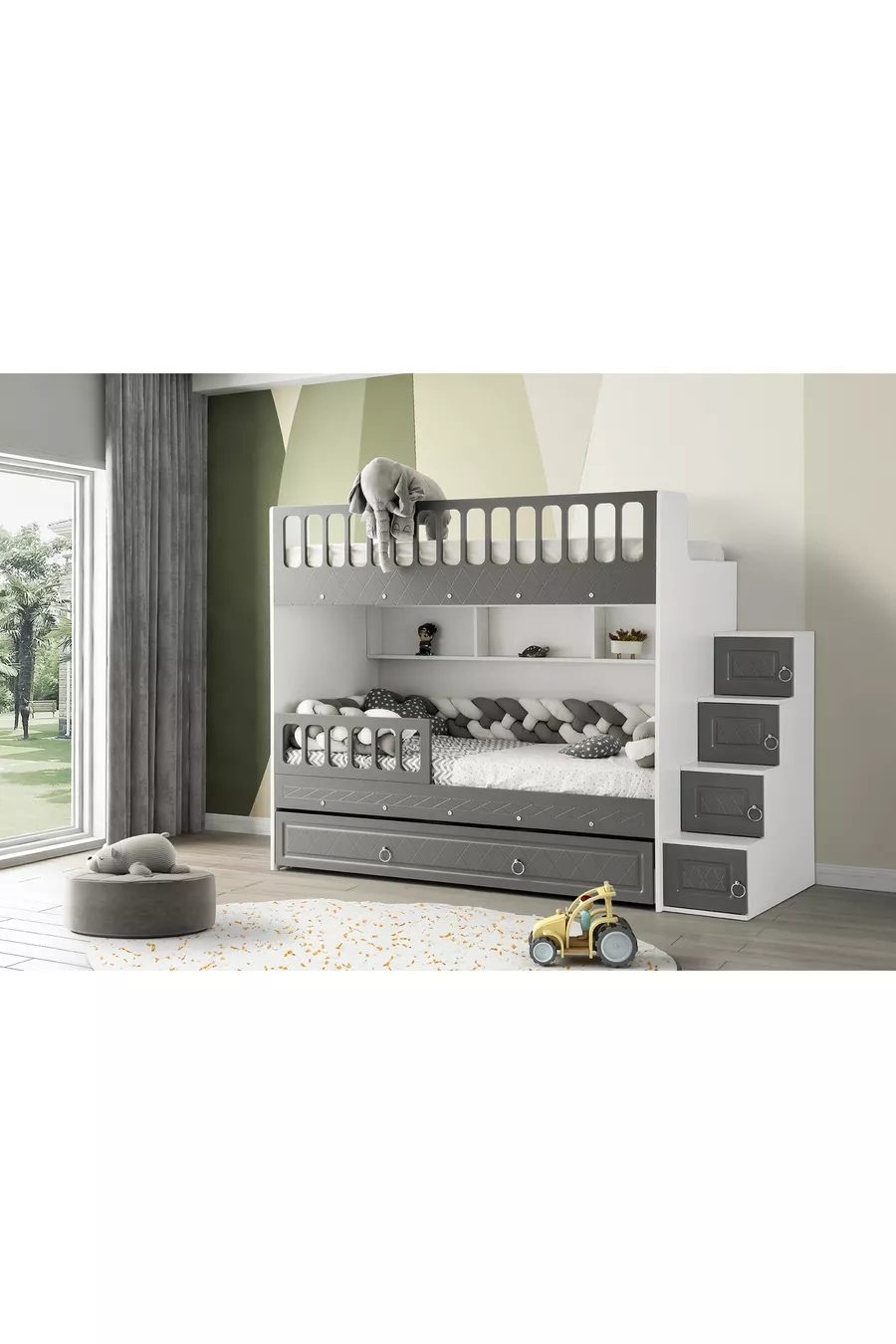 Lits superposés Émeraude / Blanc-anthracite / Installation gratuite / 3 sections de lit avec escalier à rangement / 100 % MDF