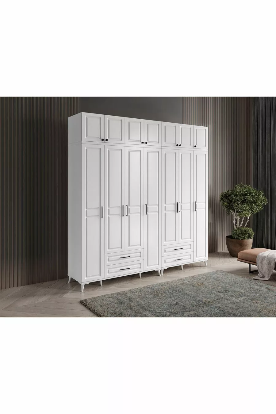 Armoire blanche complète en MDF avec 7 portes et penderie Gözde, montage gratuit