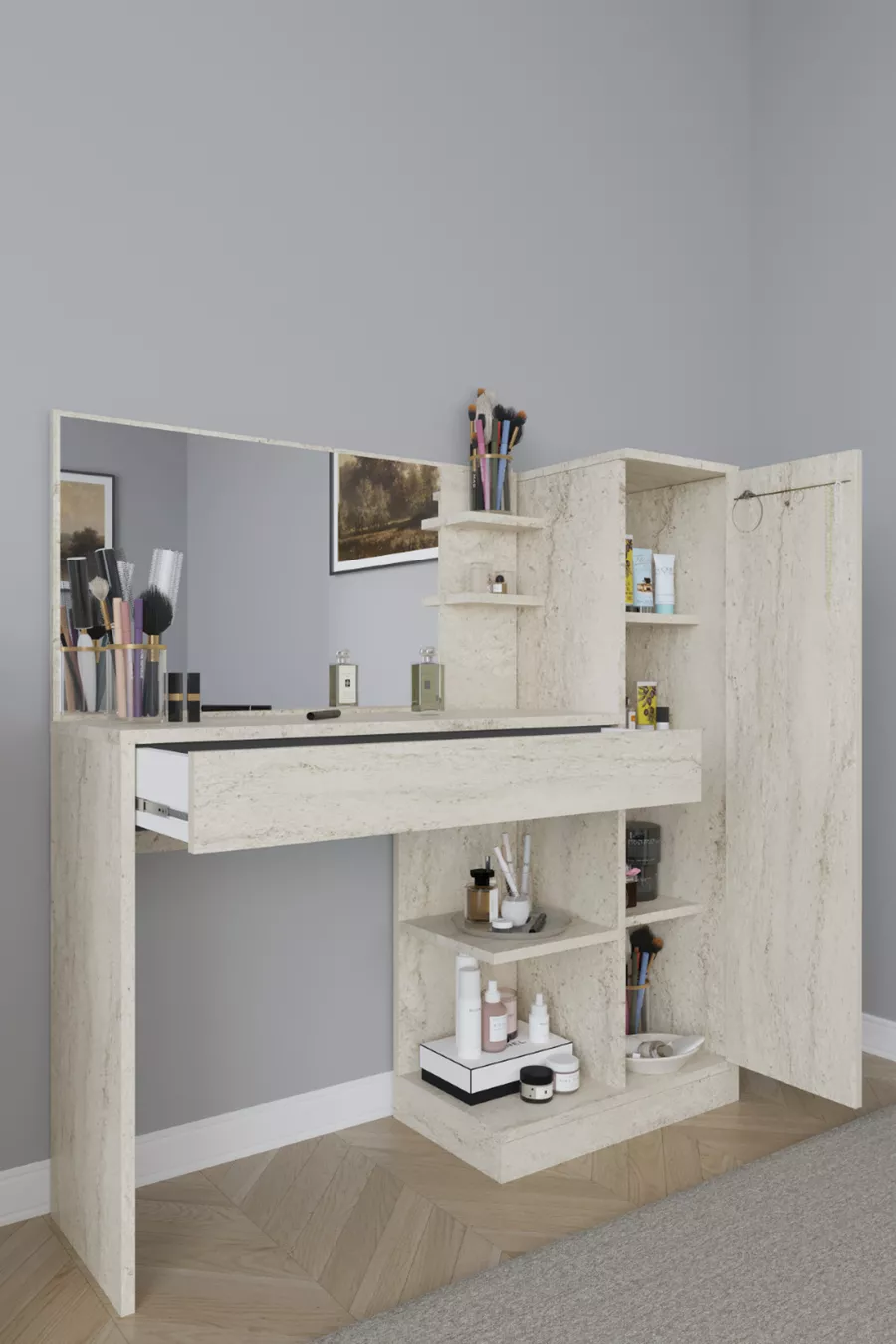 Coiffeuse Orchidée, 1 tiroir, avec armoire et miroir