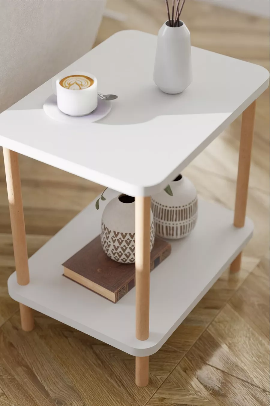 Table d'appoint latérale à 2 étagères avec large porte-journaux, bibliothèque, support pour fleurs, table de chevet, table de chevet polyvalente