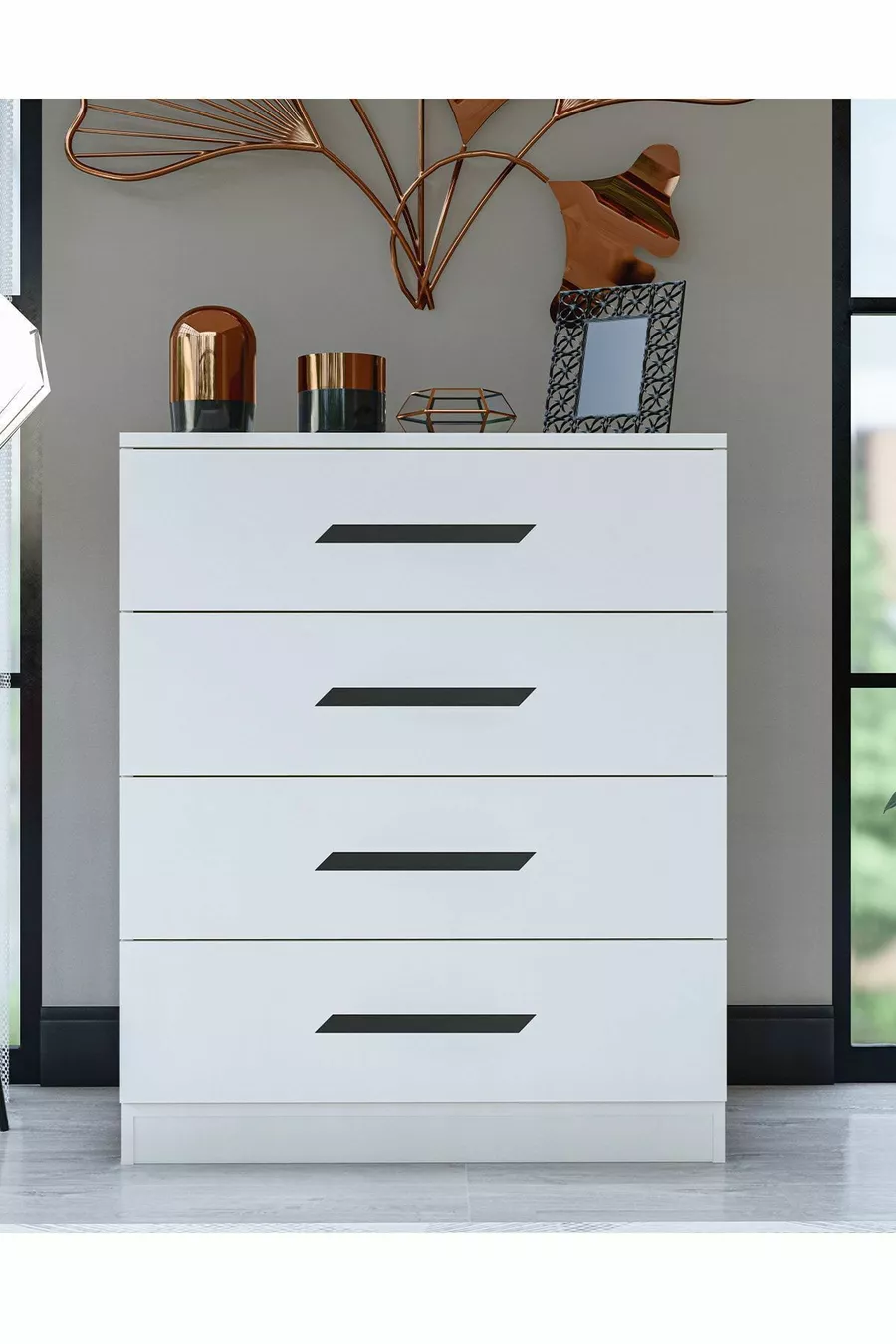 Gm Almina Commode Blanche à 4 Tiroirs avec Poignées Noires