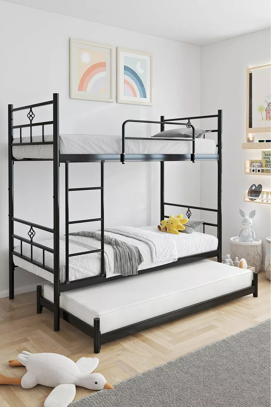 Lit superposé Koza avec tiroir, compatible pour 3 personnes, lit en métal noir