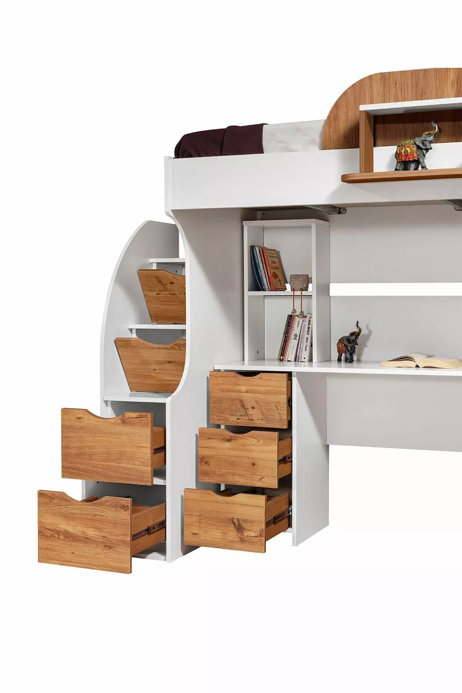 Lit superposé, lit superposé avec armoire et bureau, blanc-noix foncé, 1 matelas Comfort