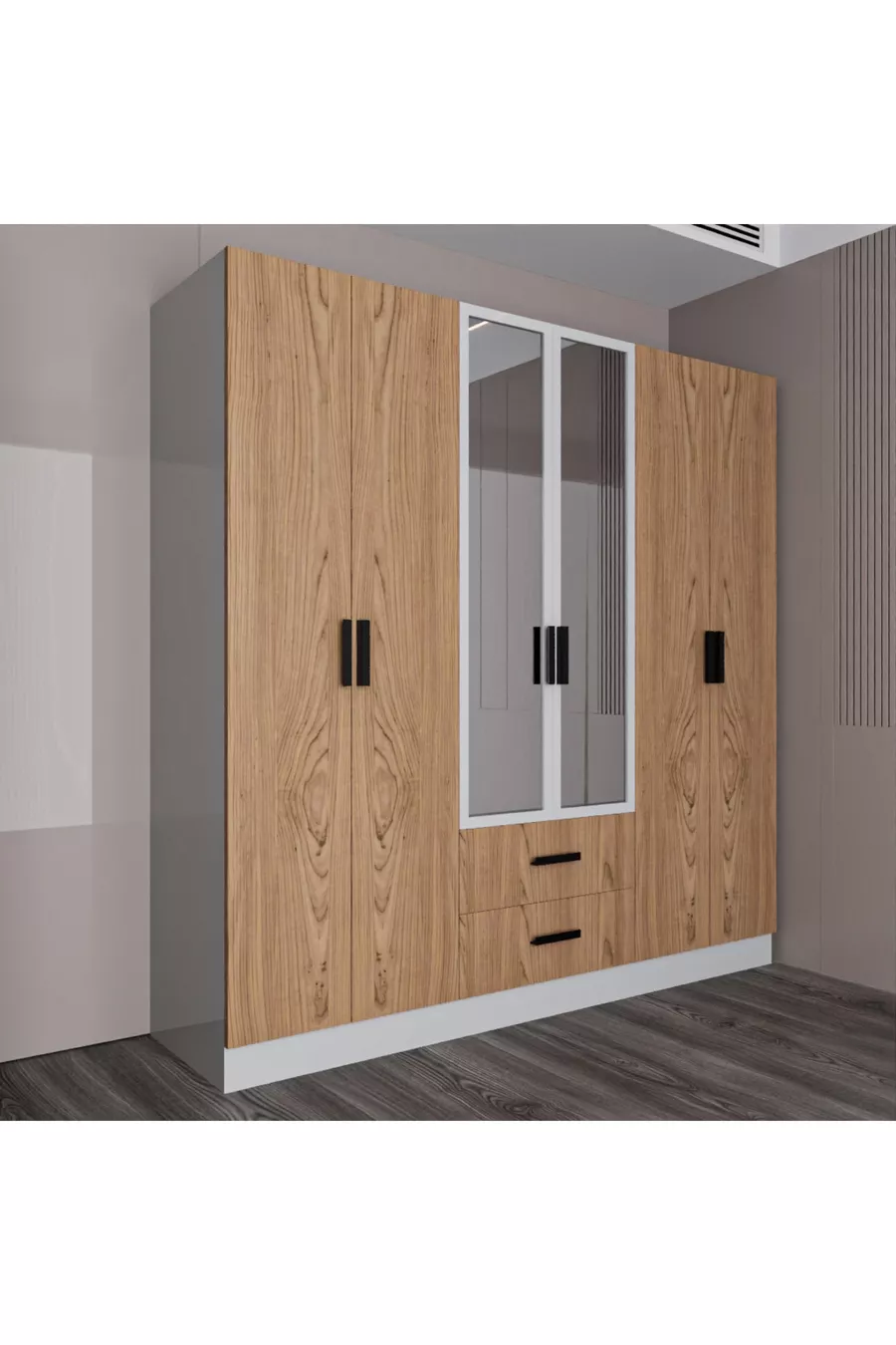 Valeria Armoire 6 Portes 2 Tiroirs Grande Armoire & Armoire à Miroir Pin Atlantique & Blanc