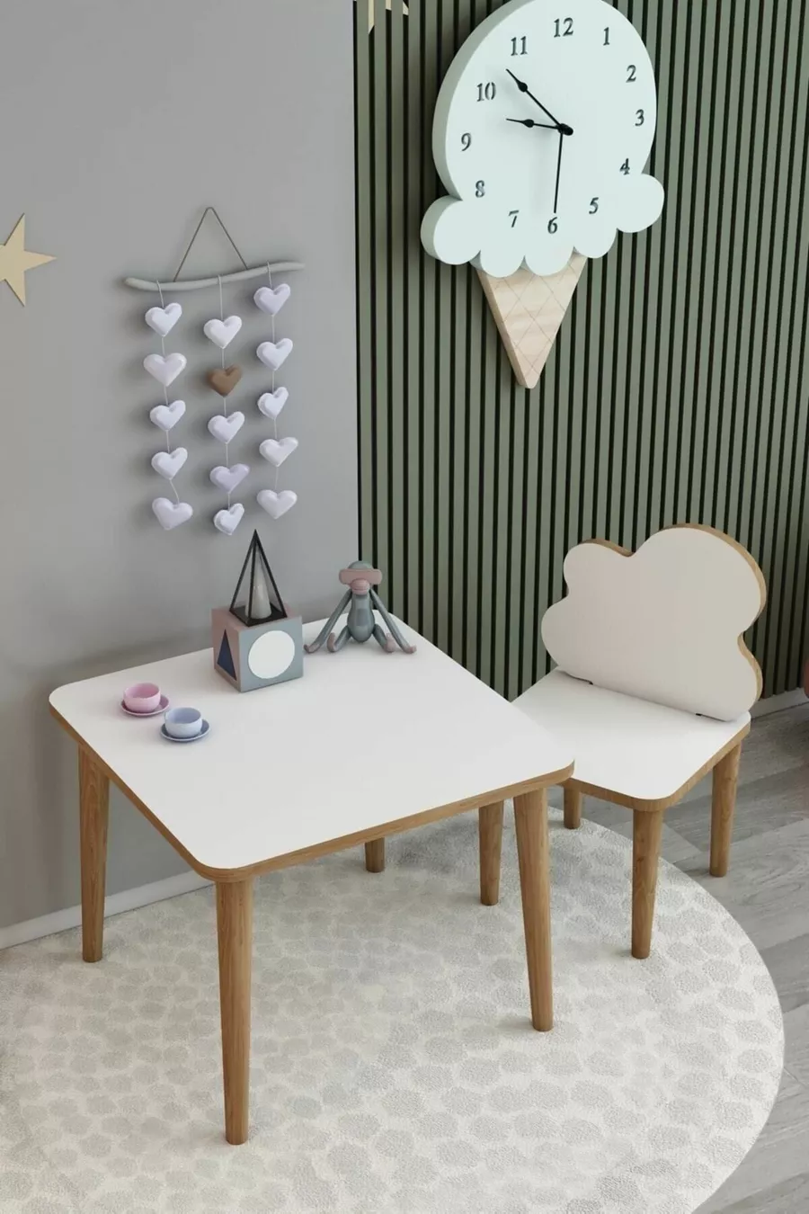 Ensemble Table et Chaise pour Enfant Nuage Blanc, Table d'Activité, Table de Travail, 1 Table, 1 Chaise