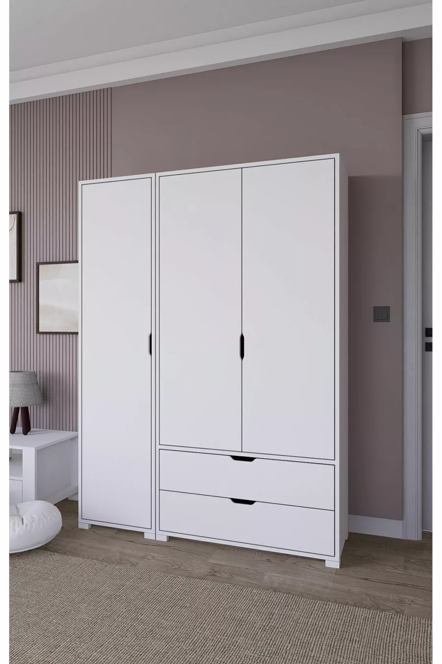 Armoire à vêtements Duru Mat Blanc à 3 portes et 2 tiroirs - Ensemble de garde-robe