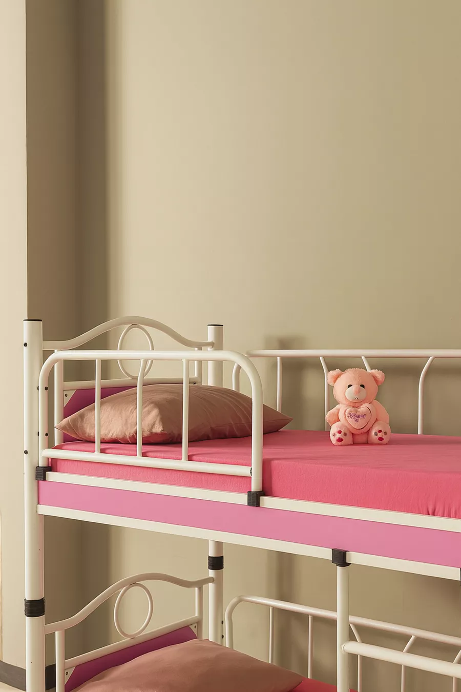 Chambre d'enfant Émeraude Lit superposé et lit en bois avec tête en métal Blanc Rose
