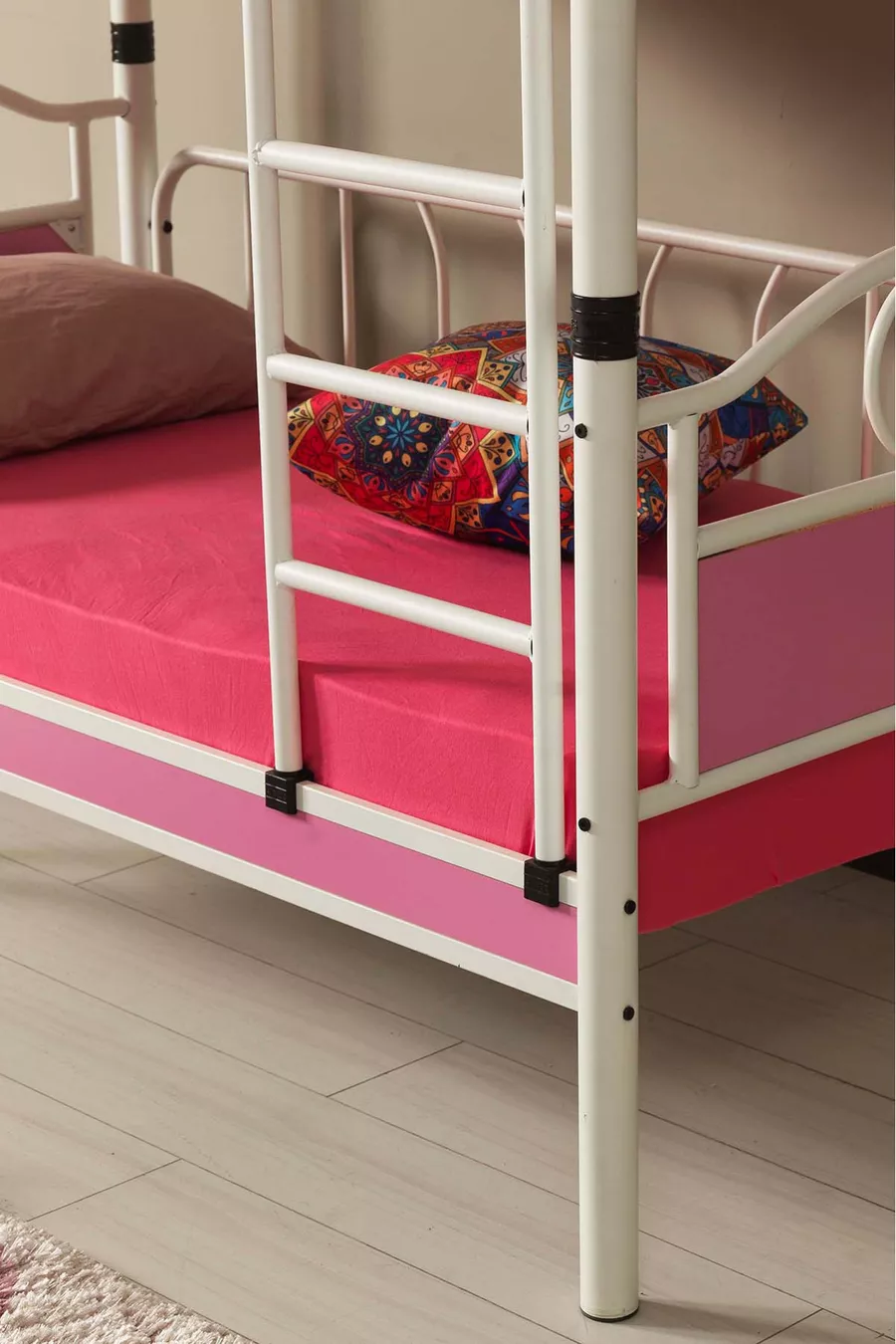Chambre d'enfant Émeraude Lit superposé et lit en bois avec tête en métal Blanc Rose