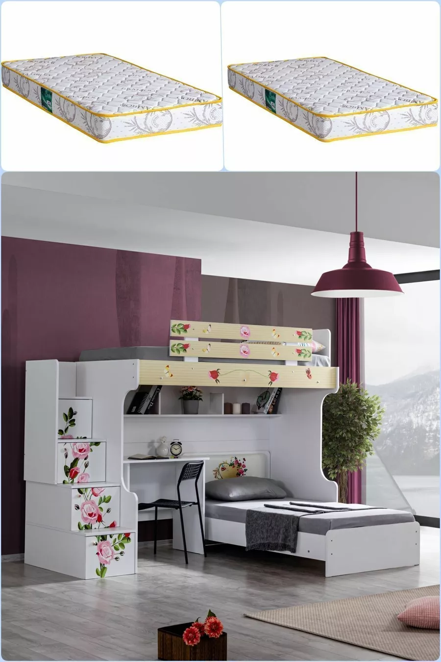 Lits superposés Mira Ranza avec bureau et 2 matelas Comfort