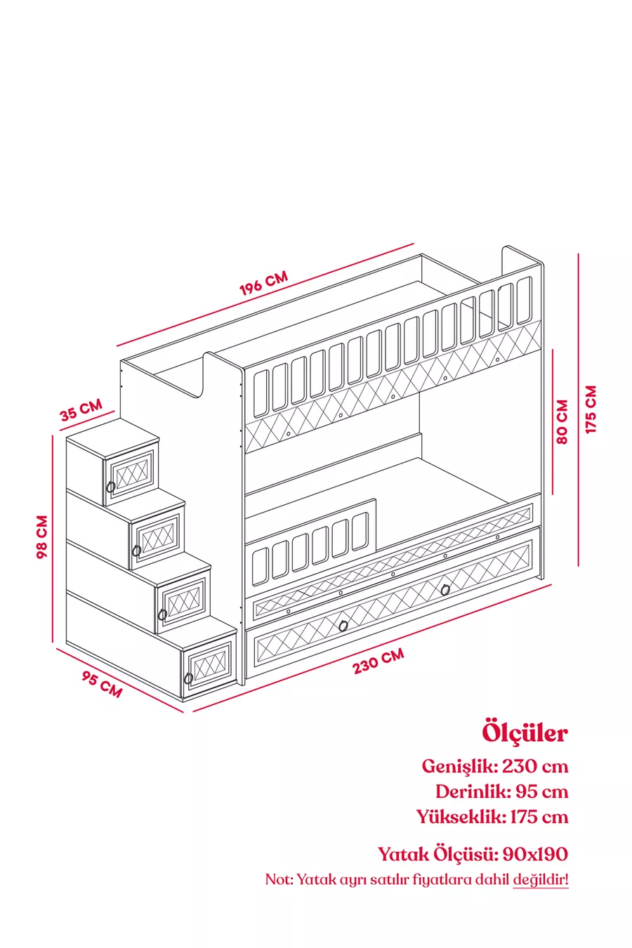 Lits superposés avec tiroirs Zümrüt, support en acier, revêtement en membrane, 100% MDF