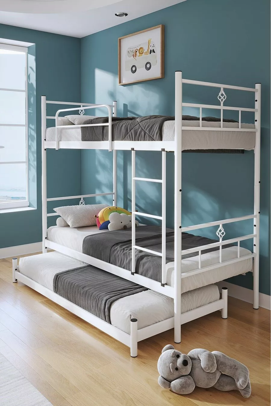 Lit superposé Koza avec tiroir, compatible pour 3 personnes, métal blanc