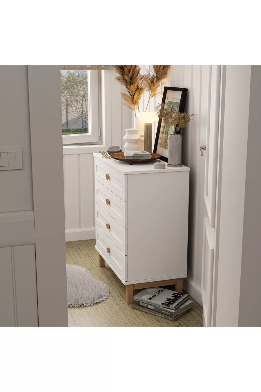 Commode Desa 4 tiroirs avec portes en MDF à glissières télescopiques (pieds en profilé MDF) Blanche - Panier