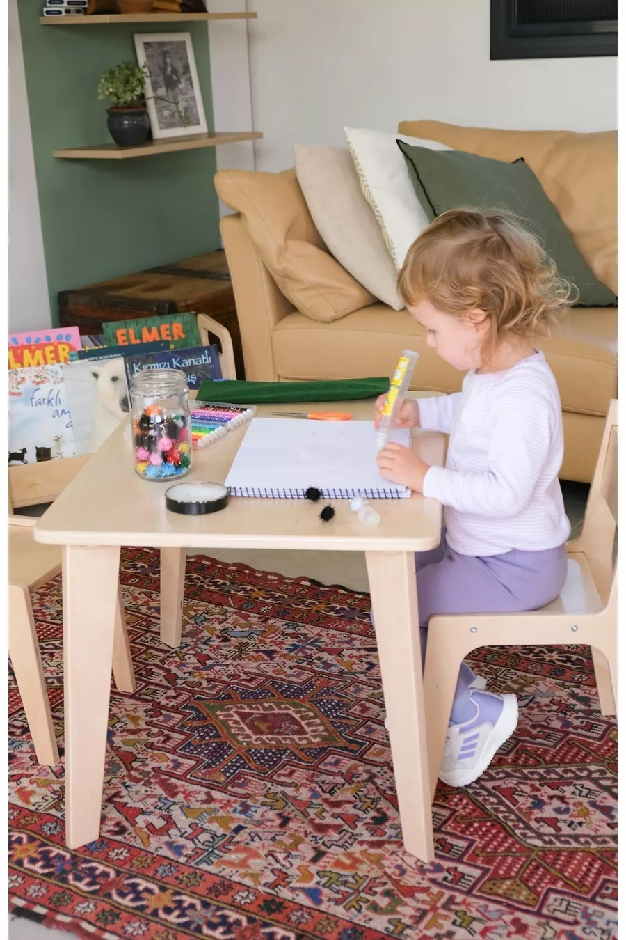 Ensemble de table et chaises en bois Montessori pour enfants (1 table + 2 chaises)