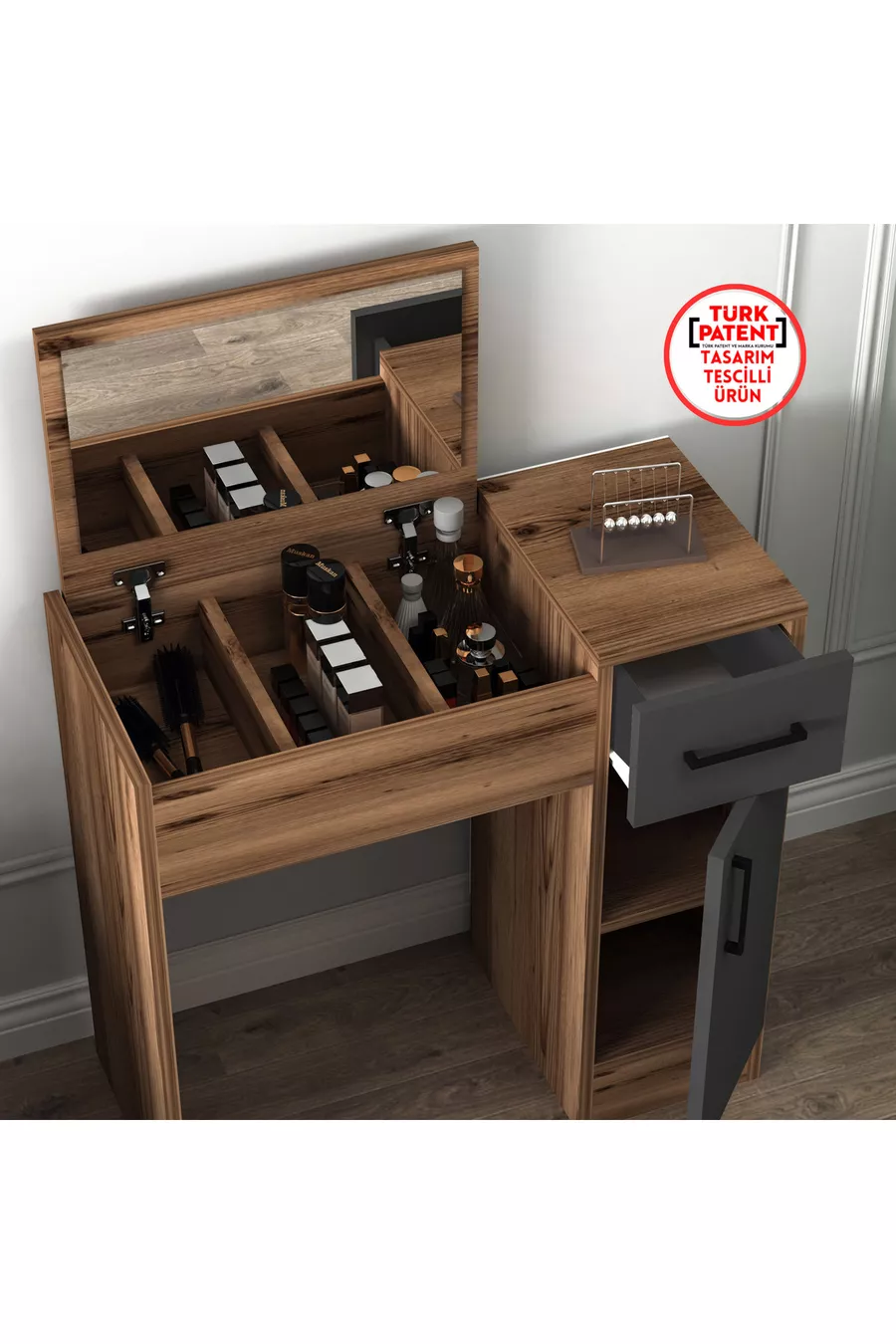 Coiffeuse avec miroir et armoire, couleur noyer et anthracite - Inci, disponible en 4 couleurs différentes
