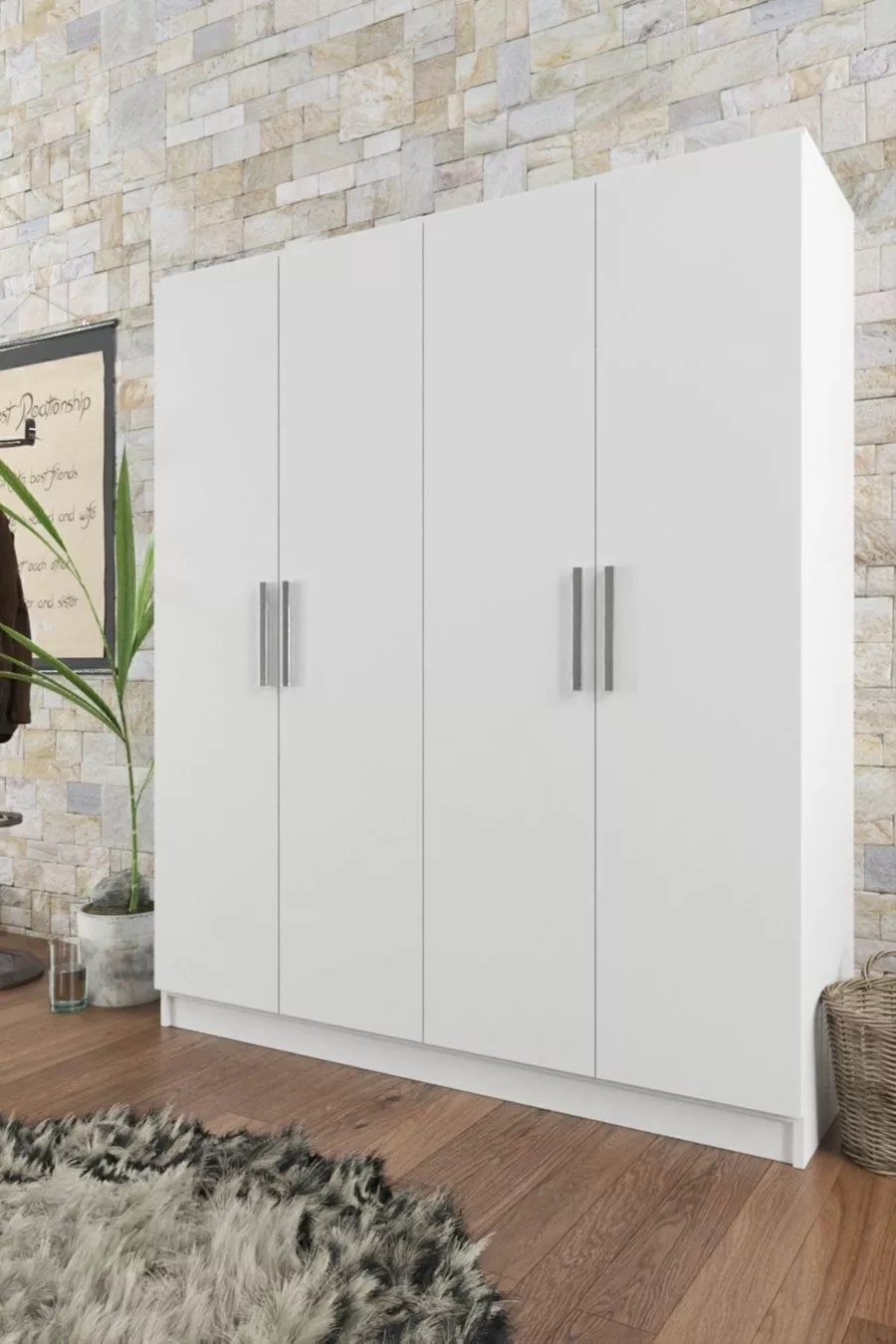 Armoire blanche  Milano à 4 portes avec  étagères et 2 penderies