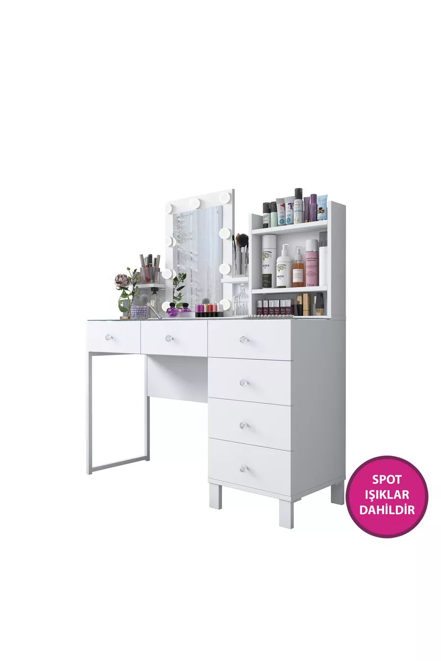 Coiffeuse de coulisses avec miroir éclairé Hollywood Rani, organiseur de bijoux à 6 tiroirs, blanc