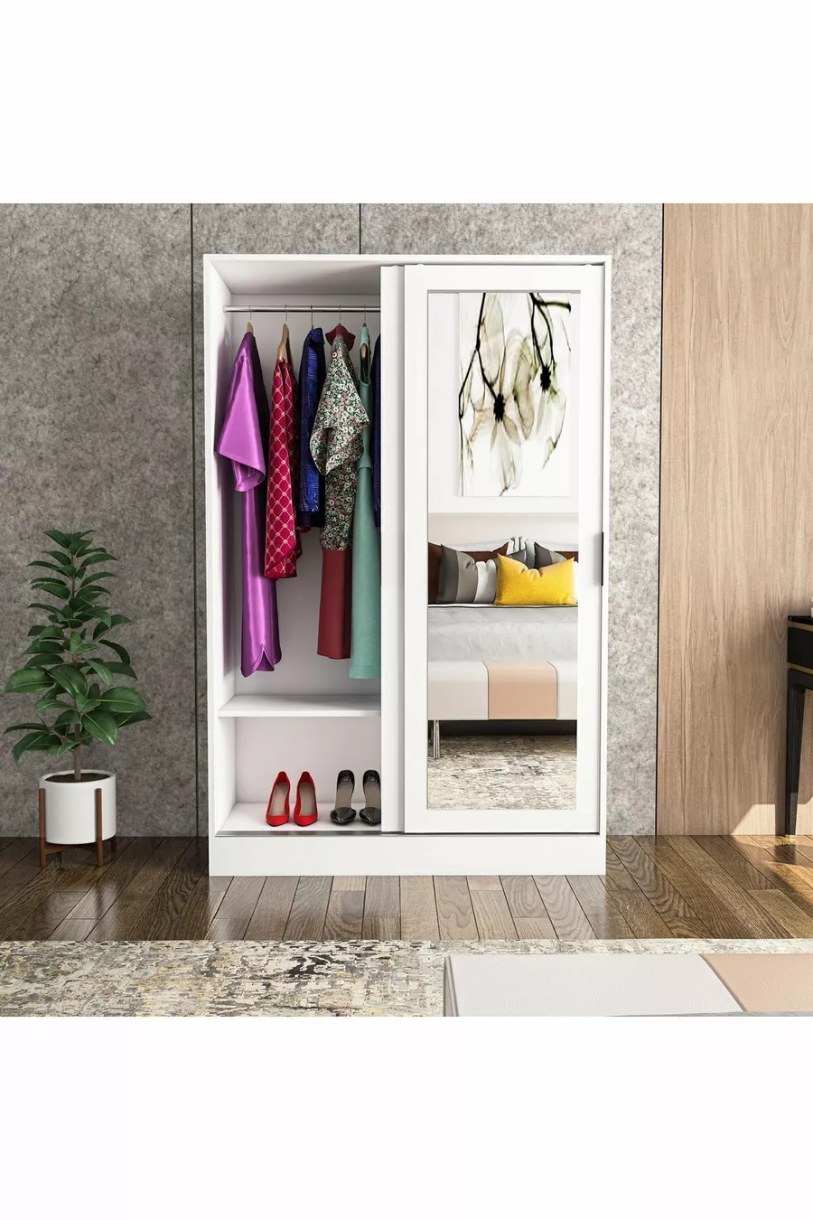 Armoire Berceste Blanche à 2 Portes Coulissantes avec Miroir et 8 Compartiments