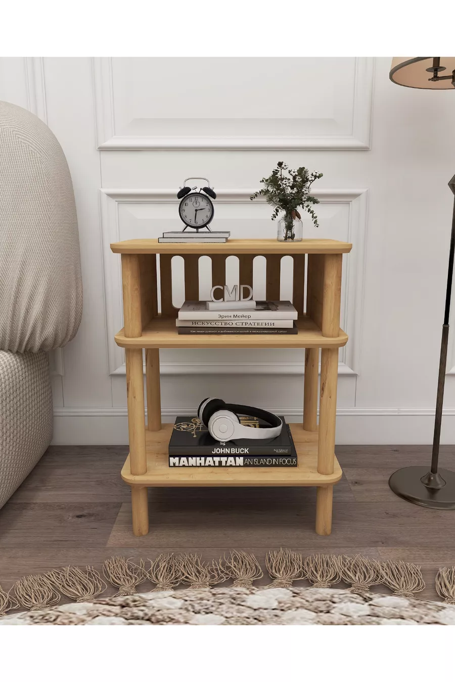 Commode Linde Minimaliste en MDF avec lames et pieds en bois ; Chambre - Salon - Bureau