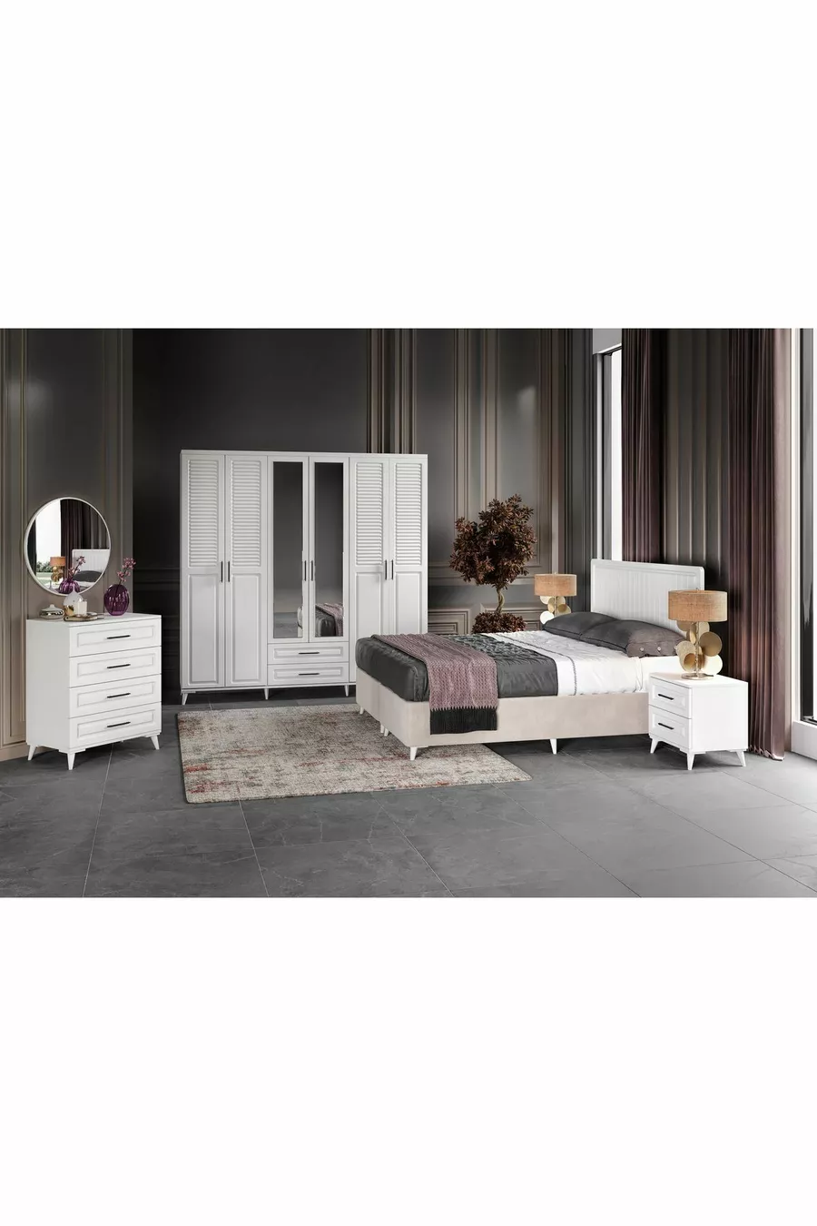 Ensemble de chambre à coucher complet en MDF blanc avec 6 portes, montage gratuit