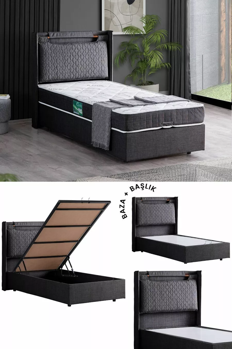 Ensemble Lit Double Zagreb, Tête de Lit et Sommier Simple, Anthracite