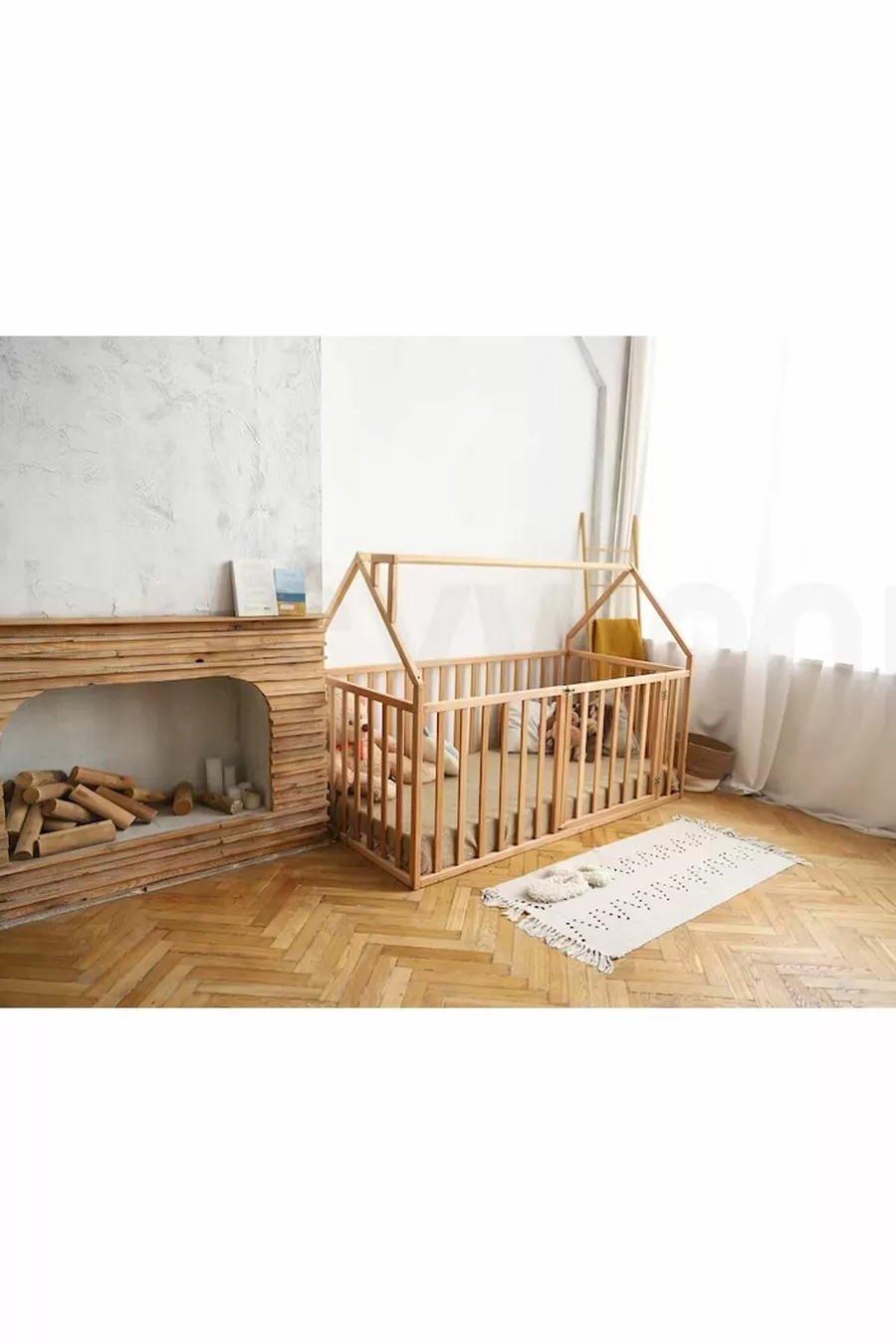 Lit Montessori en bois avec barrière de sécurité - Lit en bois massif - 