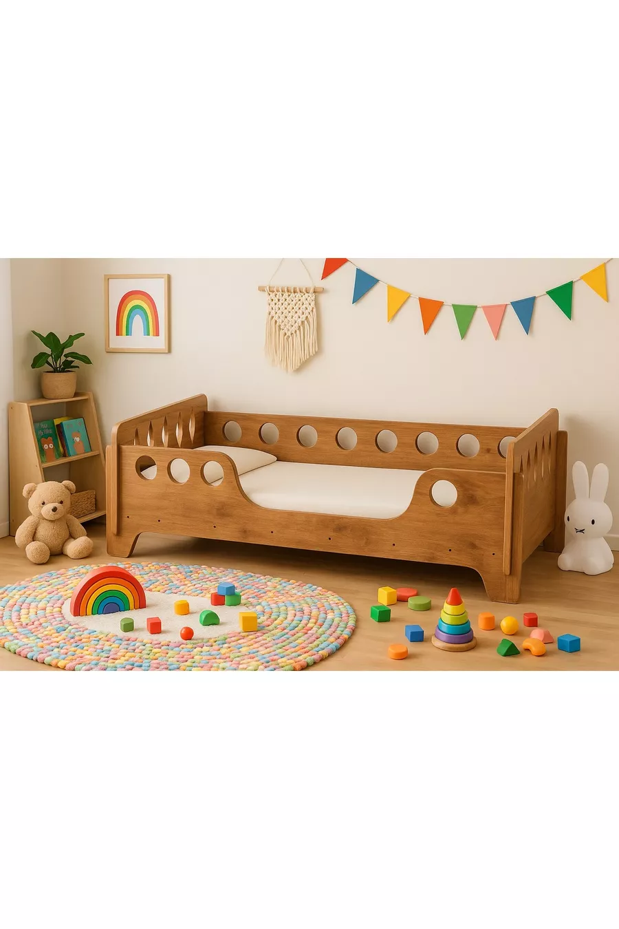 Lit Montessori en Noyer, MDF Noyer, Lit pour Enfant Sécurisé avec Détails en Bois