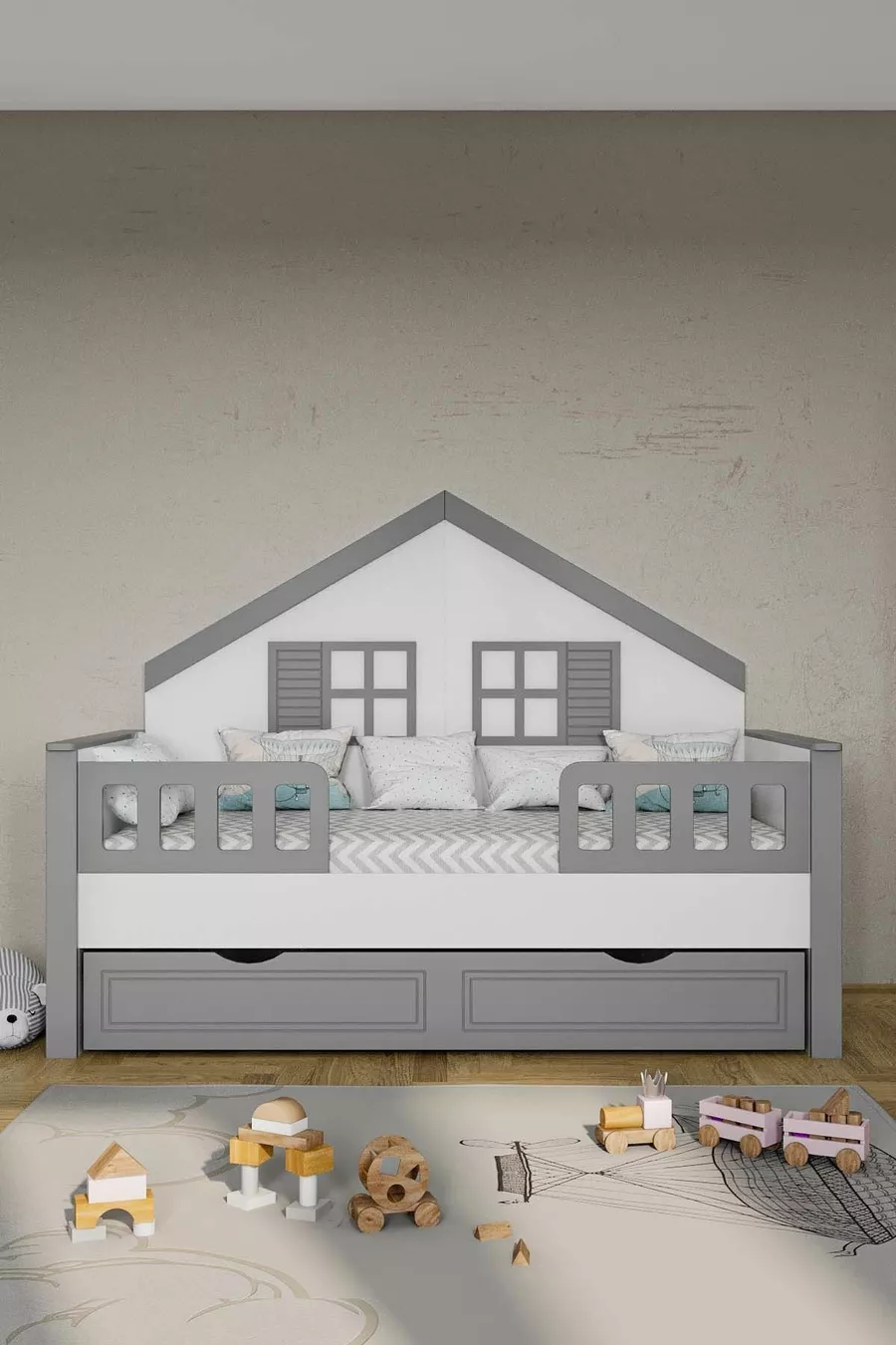 % Lit Montessori pour enfants en MDF avec tiroirs, gris