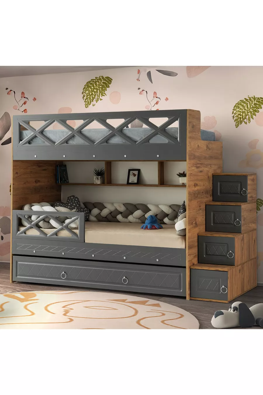 Lits superposés Mars avec tiroirs, anthracite & bois, support en acier, revêtement en membrane, 100% MDF