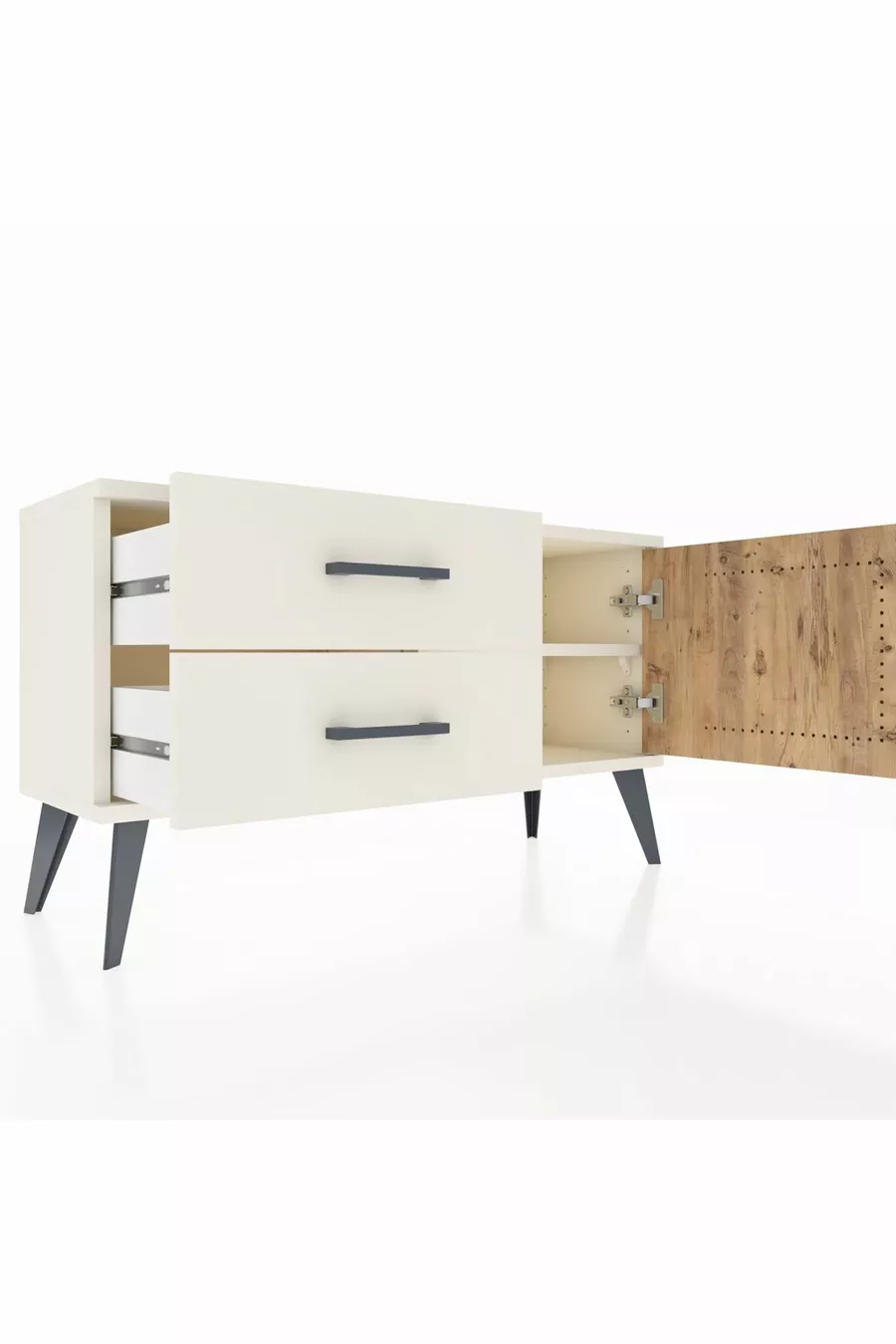 Commode Arges avec une seule étagère, 2 tiroirs et une porte, couleur Pierre de lune-Sapin/Pierre de lune