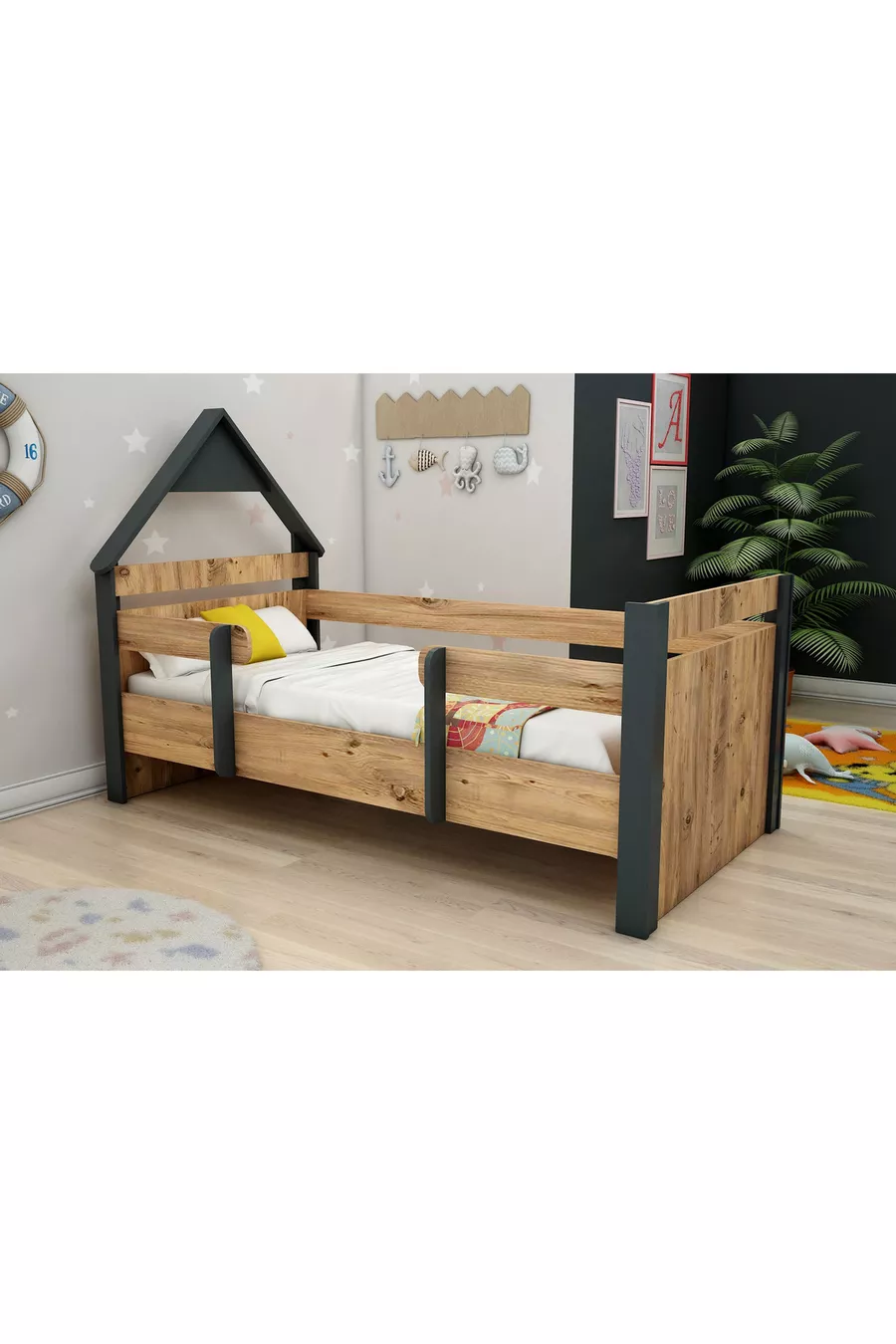 Lit Montessori pour Enfant Valerin en Pin Atlantique Anthracite (PEUT ÊTRE MONTÉ À DROITE OU À GAUCHE) - valerin