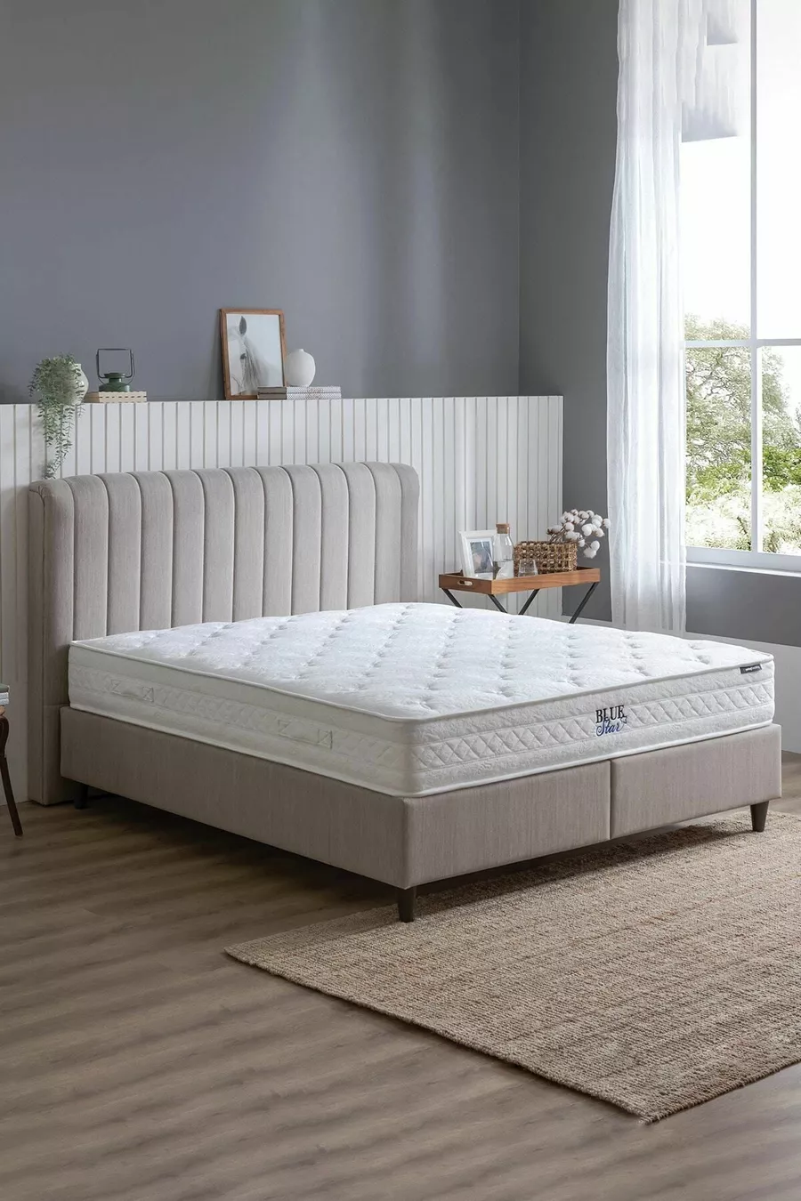 Blue Star Lit, Cadre Lento, Tête de lit Somni Ensemble 3 pièces - Beige
