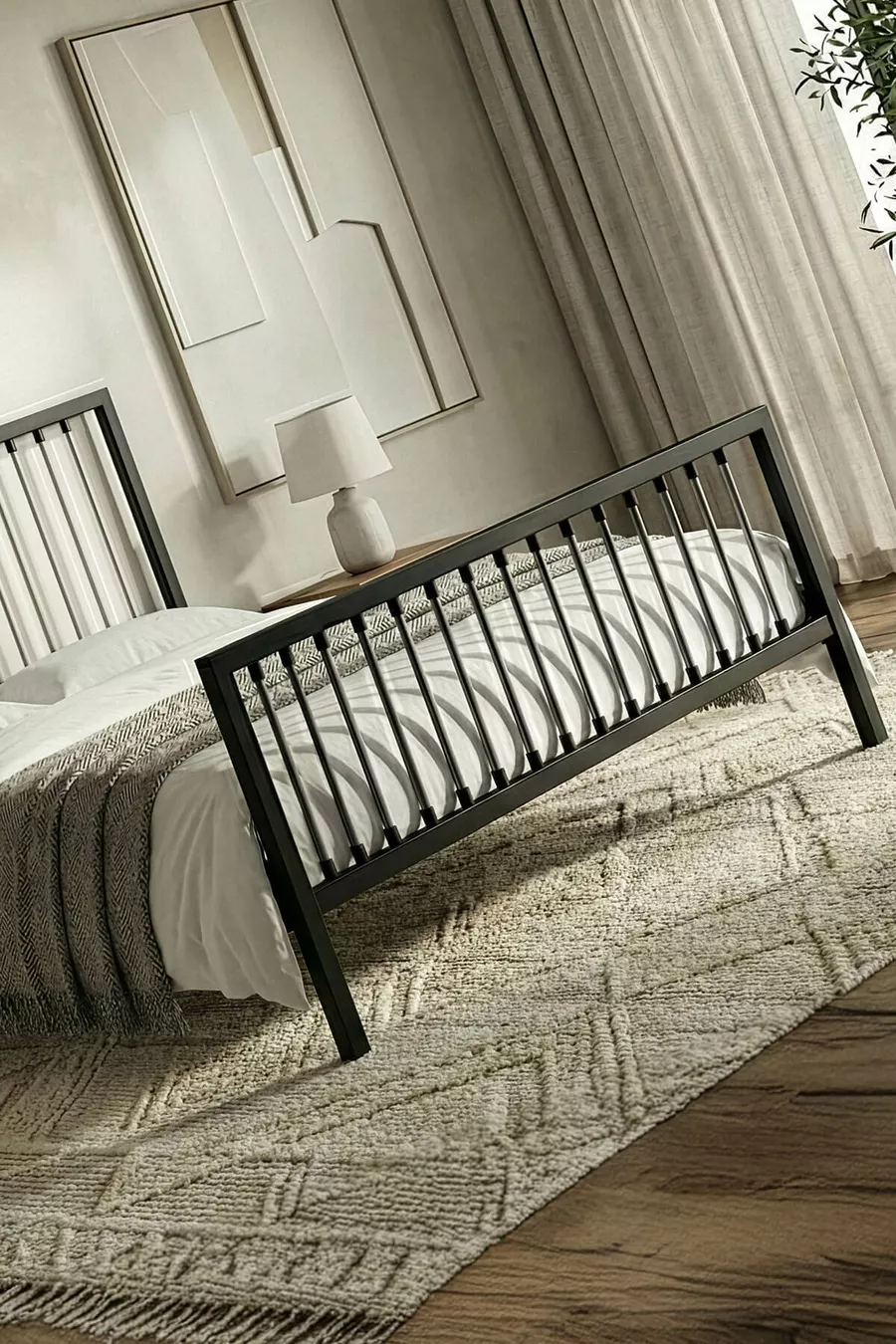 Lit en métal forgé Breeze pour deux personnes (NOIR-GRIS) (LAMELLES EN BOIS)