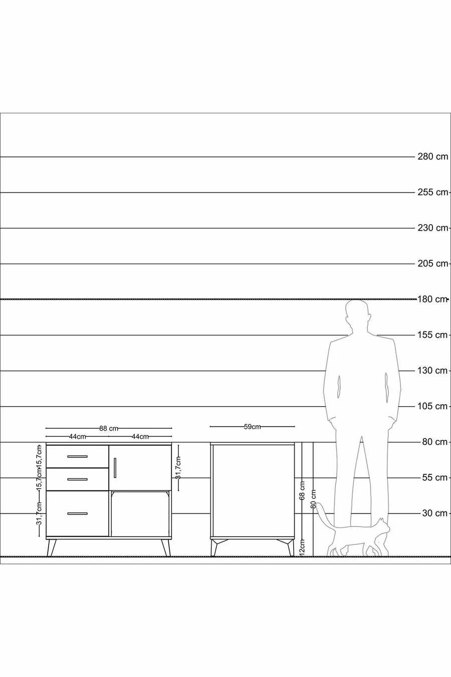 Commode Kronos avec une étagère, 3 tiroirs et une porte, pin-pin