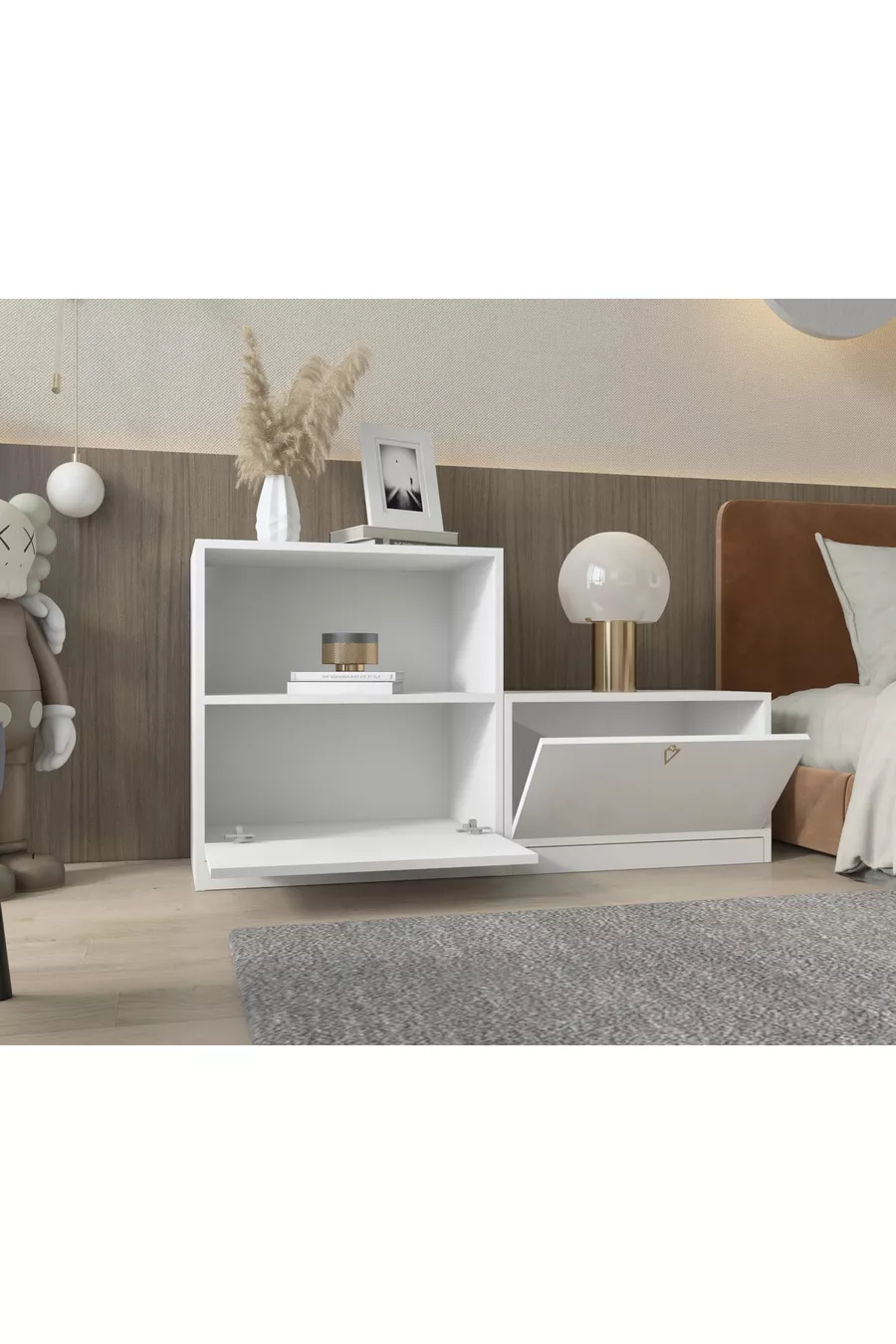 Ensemble de table de chevet modulaire à deux pièces avec étagère et portes battantes, sans pieds, mat