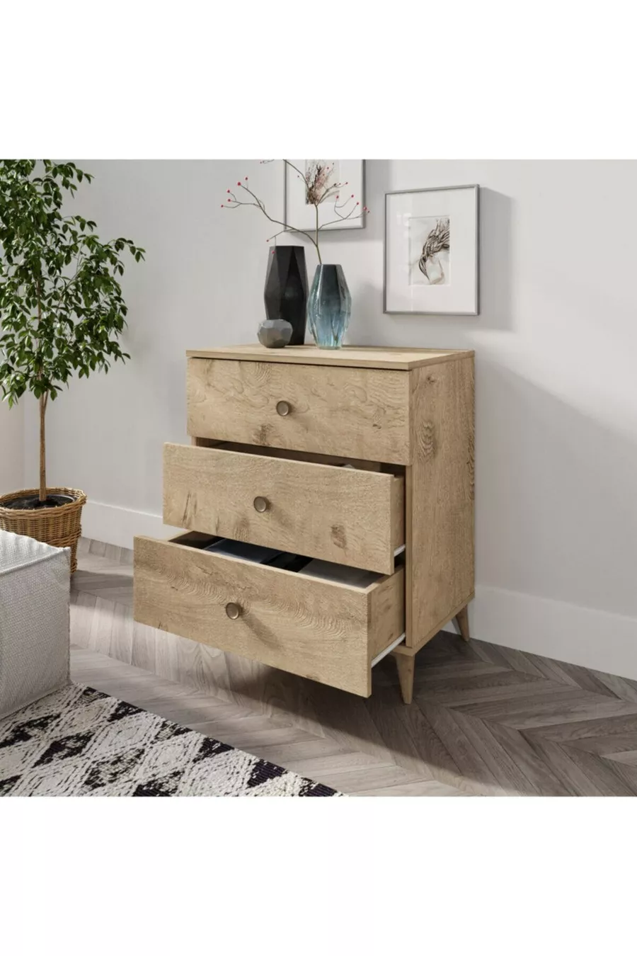 Commode Gardenia à 3 tiroirs en chêne - MDF de première qualité