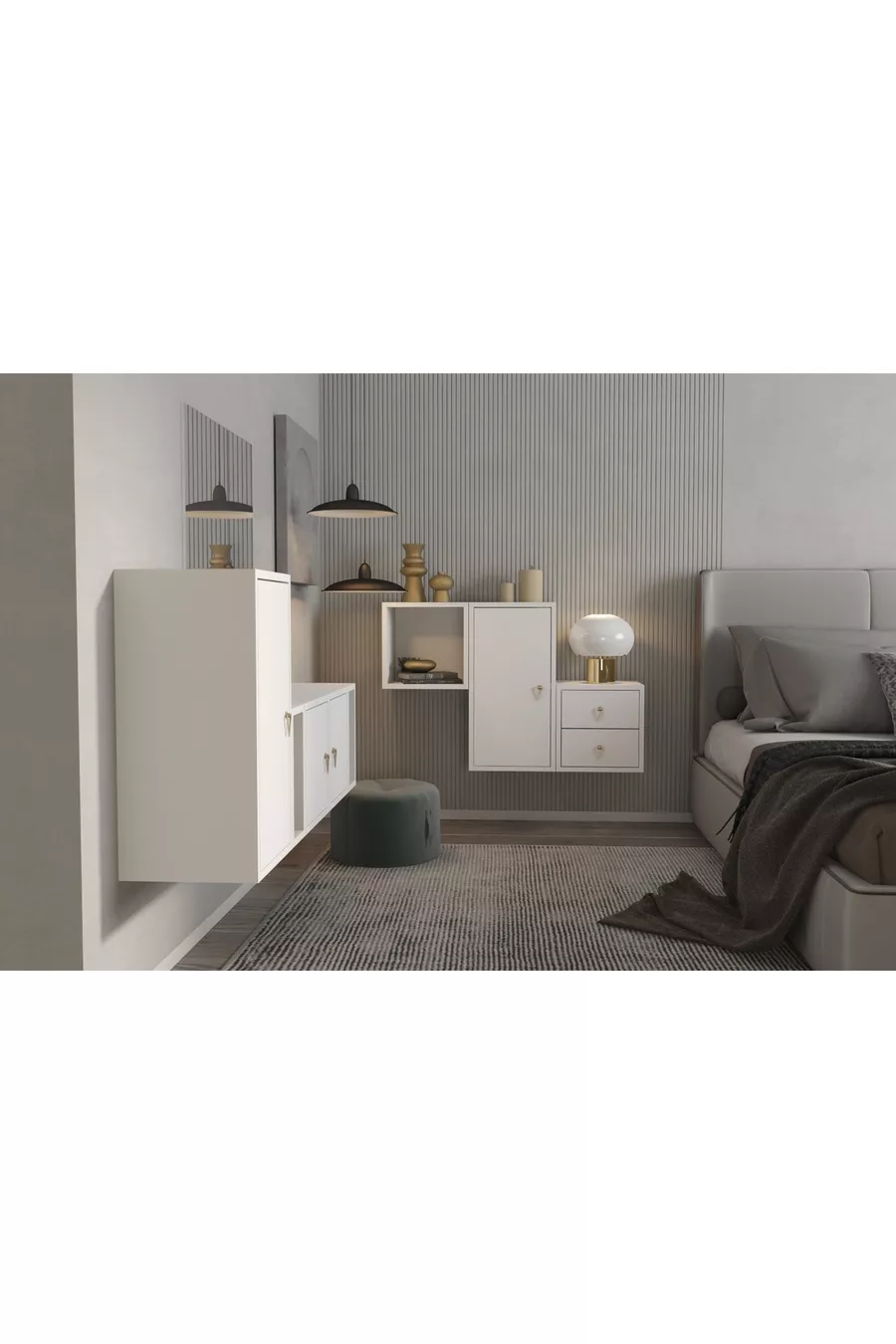 Ensemble de chambre modulaire avec armoire à tiroirs et étagère avec portes