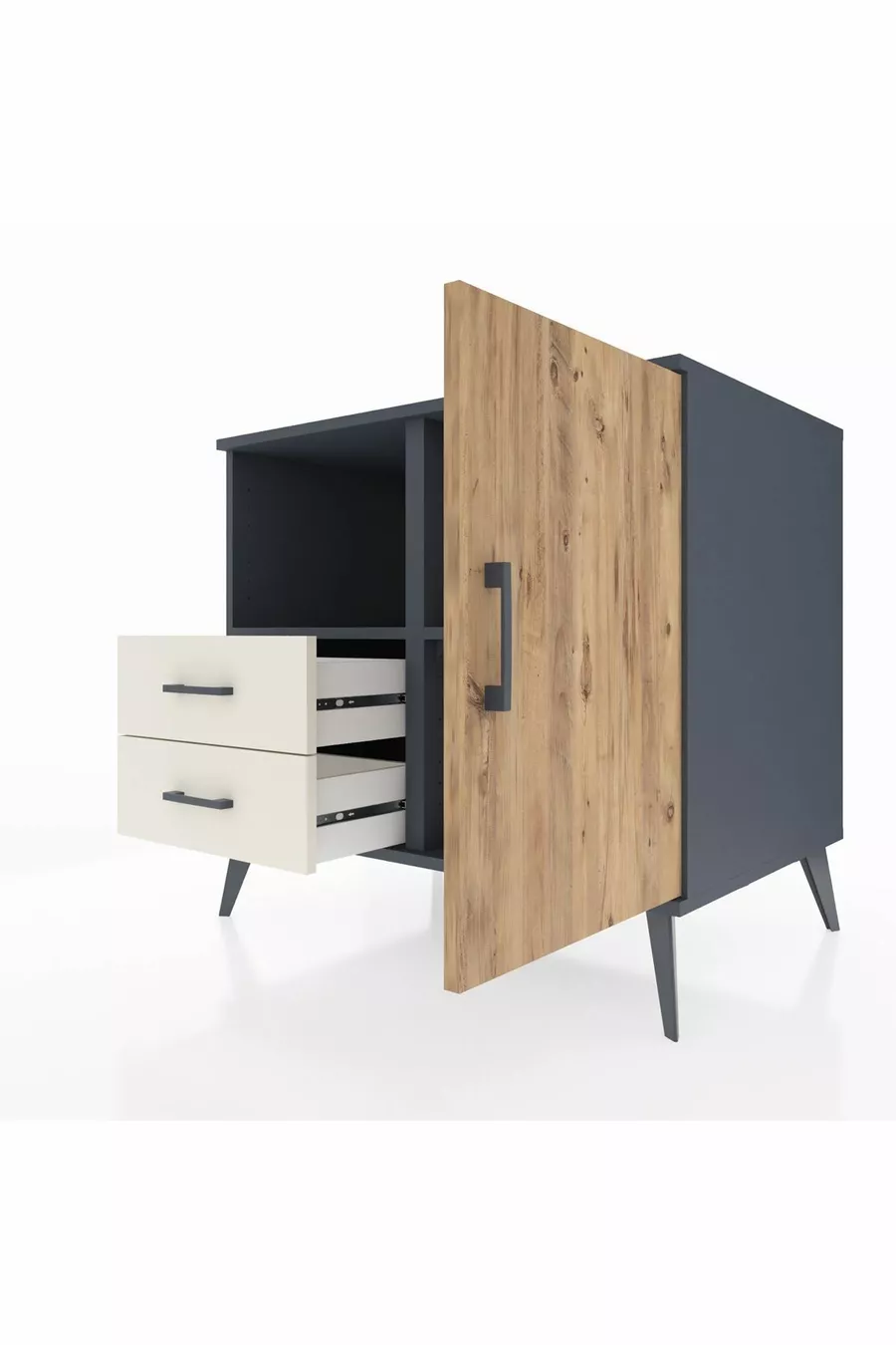 Commode Kronos à 2 étagères, 2 tiroirs, 1 porte, Anthracite-Sapin/Pierre de lune
