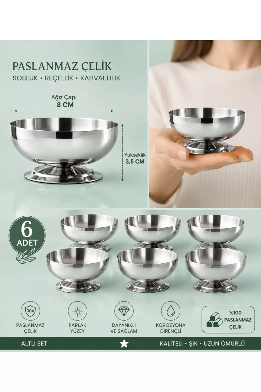 Set de 6 Bols de Présentation en Acier Inoxydable avec Pied de 8 cm | Pour Confiture, Sauce, Fruits Secs, Petit Déjeuner, Mezze, Cornichons, Présentation, Cadeau